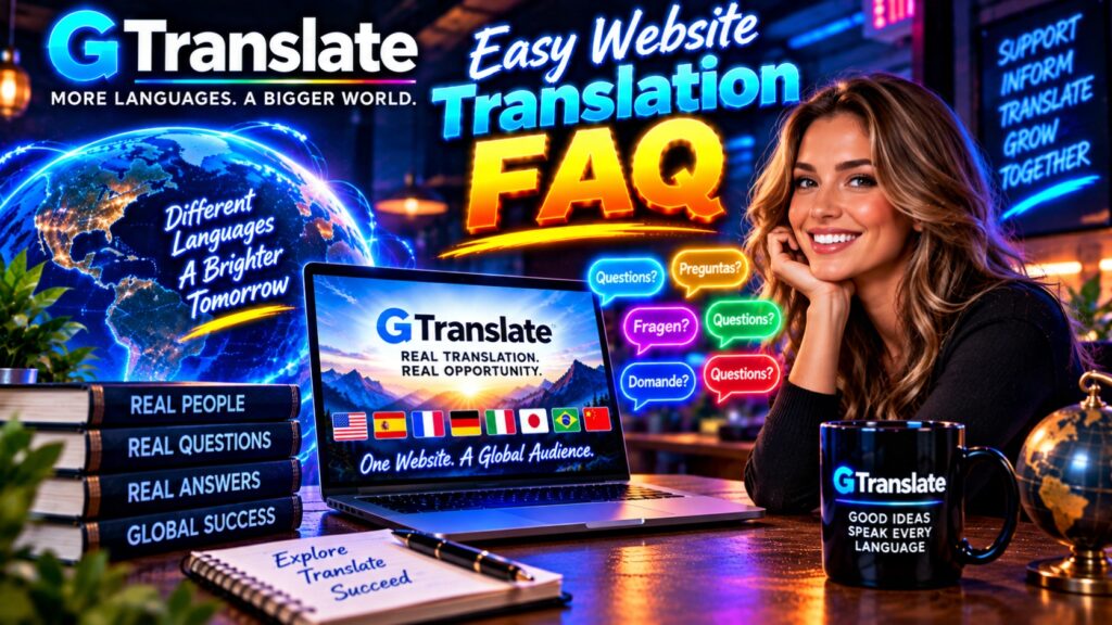 Easy website translation faq hostrite news Promotional banner for gtranslate smiling woman at a desk with a laptop globe books and colorful faq graphics about translation