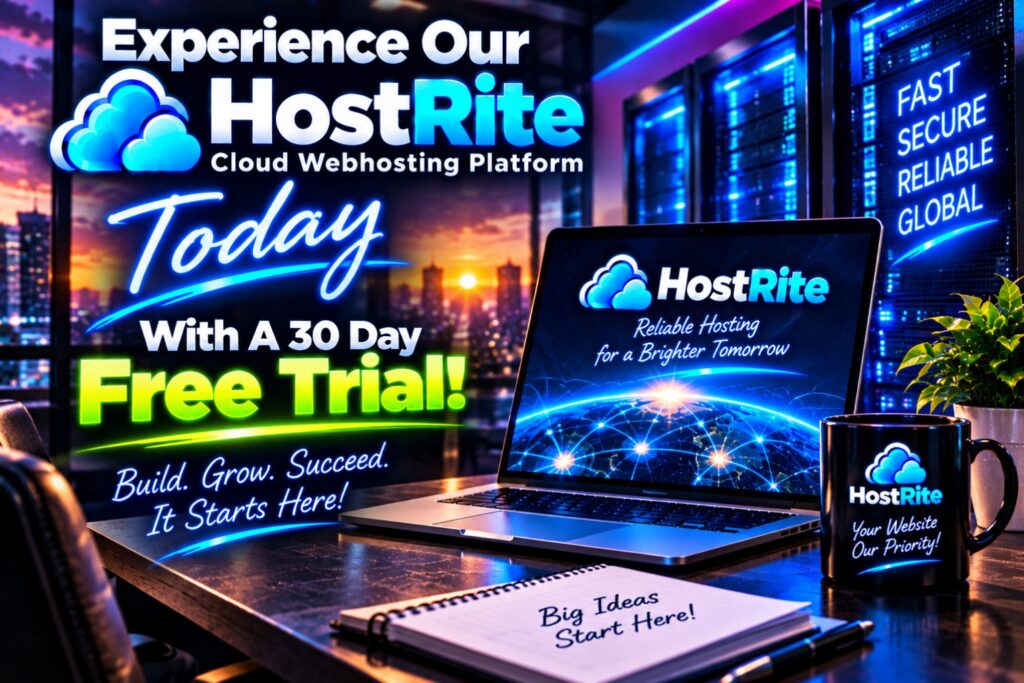 Experience our hostrite cloud webhosting platform today with a 30 day free trial hostrite news Promotional banner for hostrite cloud hosting offering a 30 day free trial with neon text and a laptop display readout