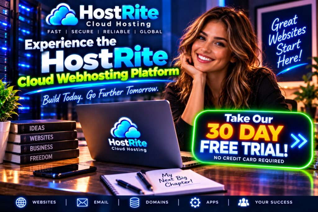 Experience the hostrite cloud webhosting platform free for 30 days hostrite news Smiling woman at a desk with a hostrite cloud hosting backdrop and neon signs