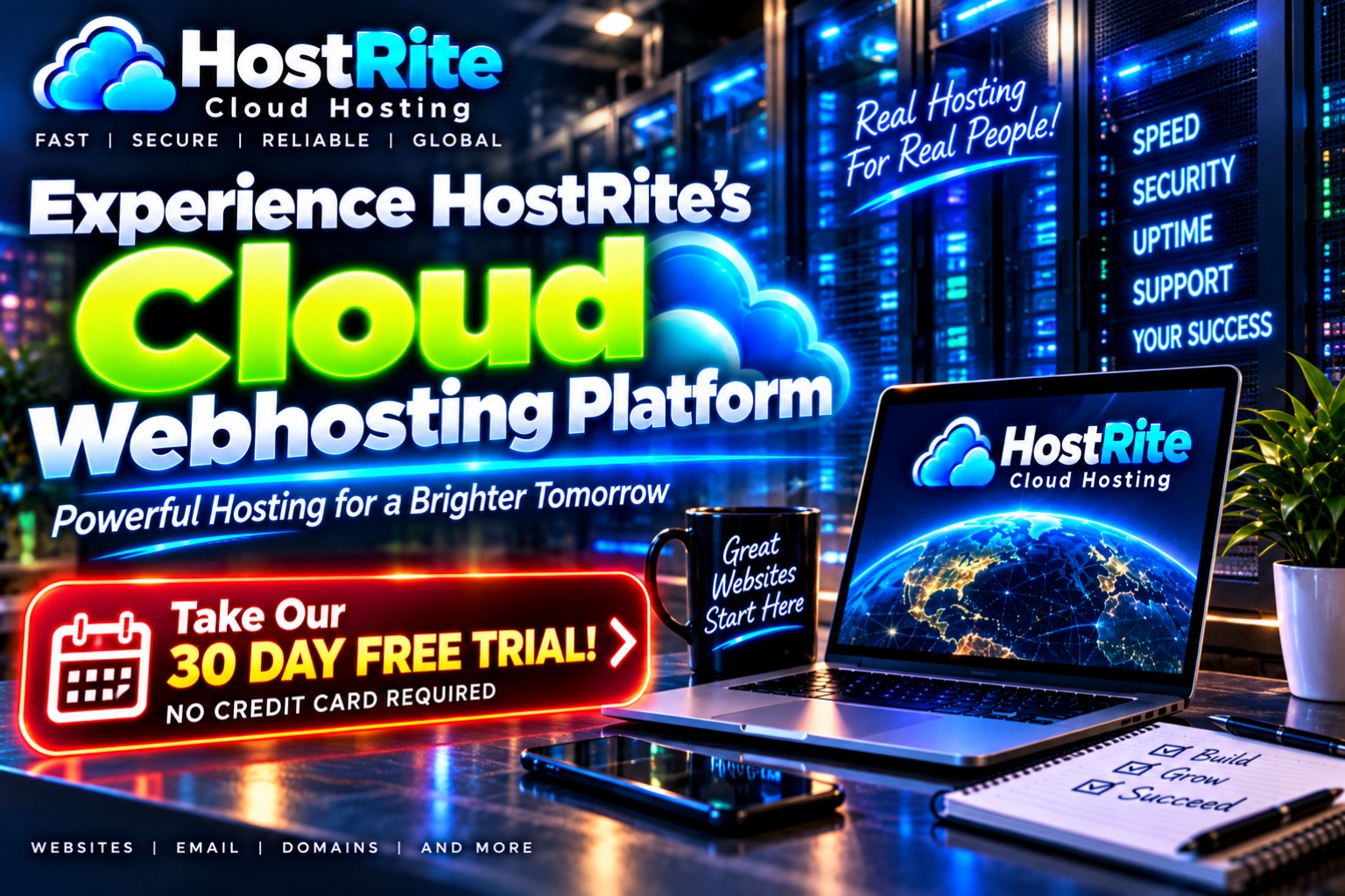 Bright neon advertisement for hostrite cloud hosting with a laptop screen displaying a globe and bold text signatures in blue and green