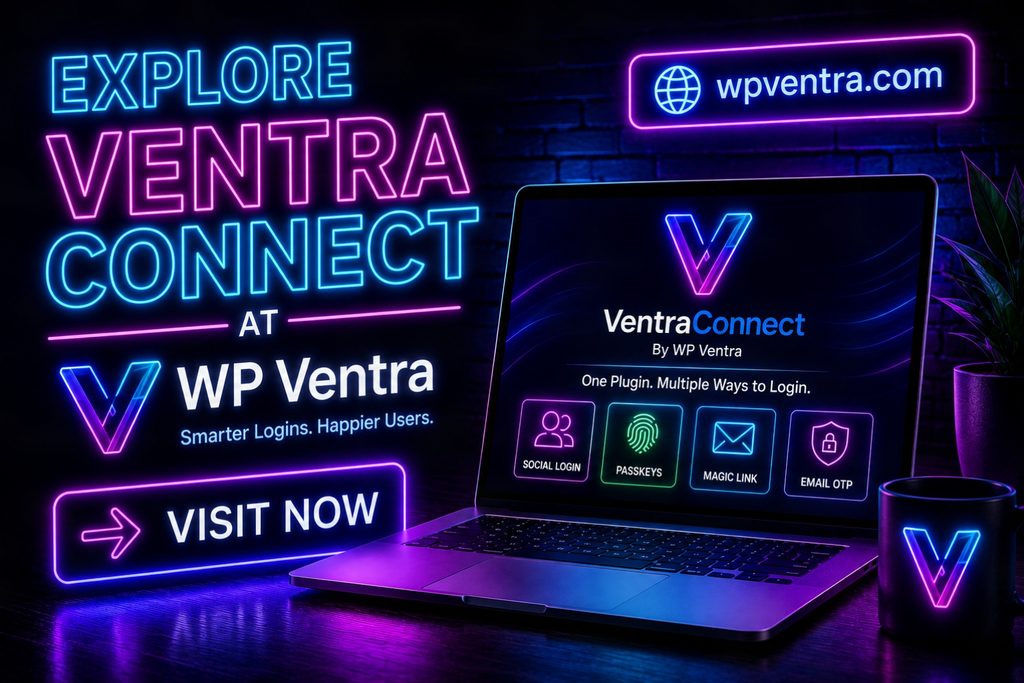 Ventraconnect wordpress plugin promotional graphic hostrite news A neon style promotional graphic for the ventraconnect wordpress plugin showing a laptop screen with login options including social login passkeys magic link and email otp
