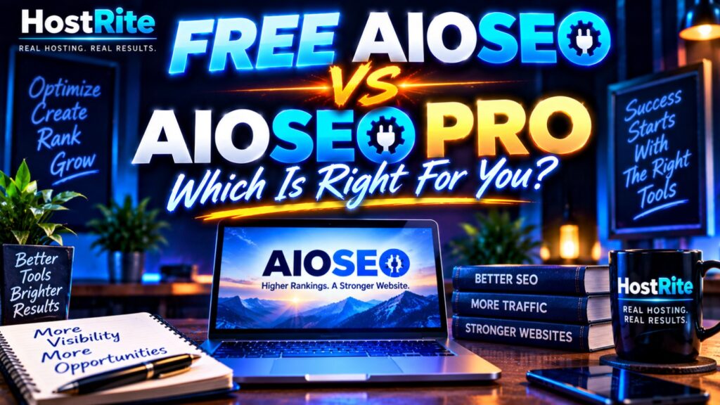 Promo desk scene promoting aiseo pro vs free aiseo with hostrite branding laptop screen shows aiseo logo over mountains