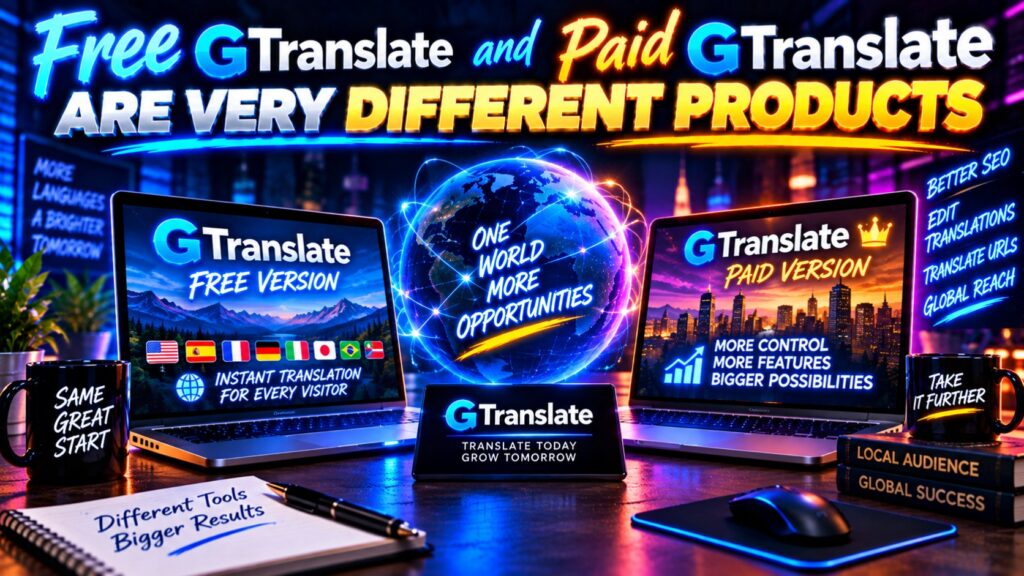 Free gtranslate and paid gtranslate are very different products hostrite news Promotional banner for gtranslate showing free version vs paid version with a globe centerpiece and neon text on laptop screens and city backdrop