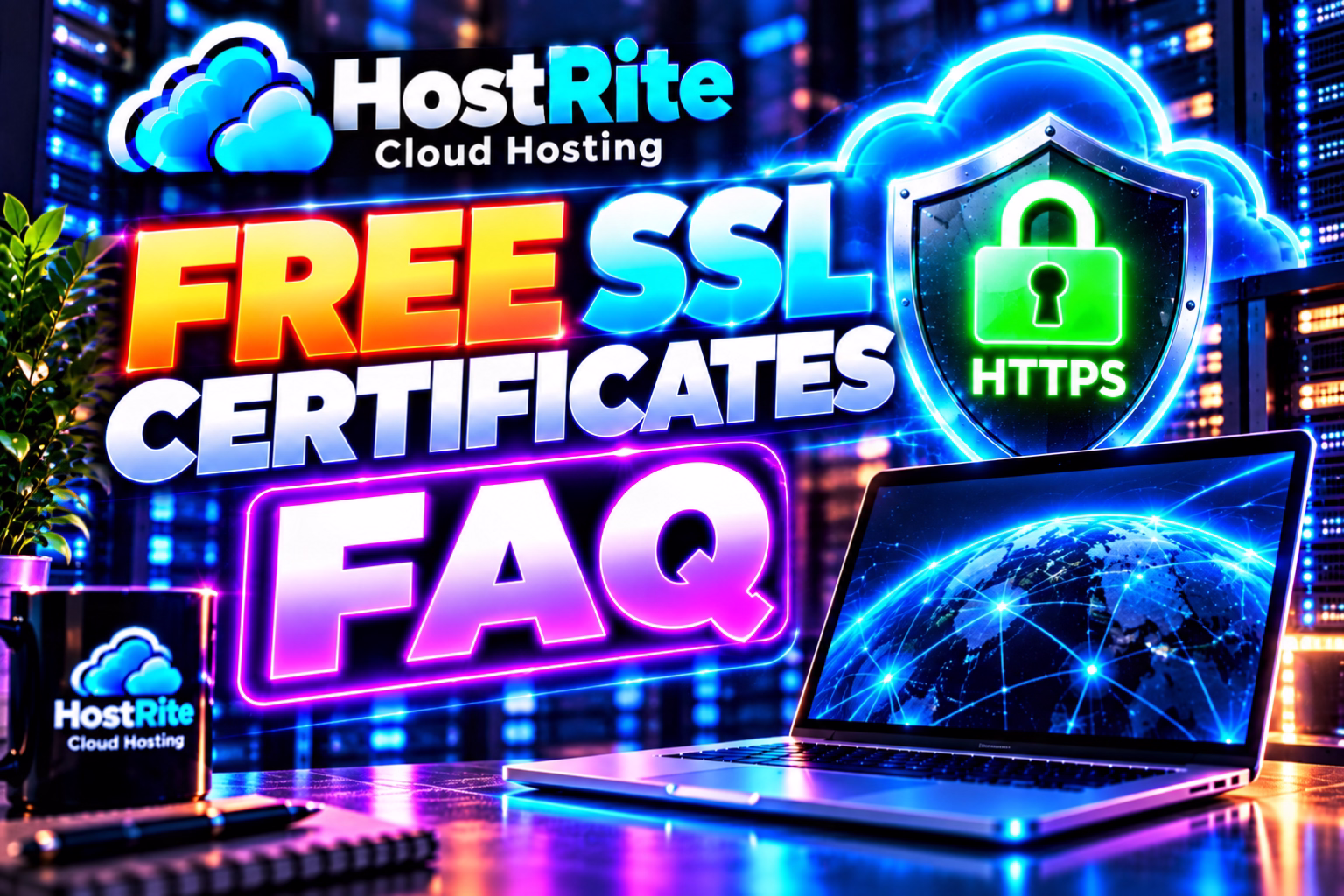 Free ssl certificates faq hostrite news Neon collage advertising free ssl certificates for hostrite cloud hosting featuring a glowing https shield and a laptop displaying a connected globe