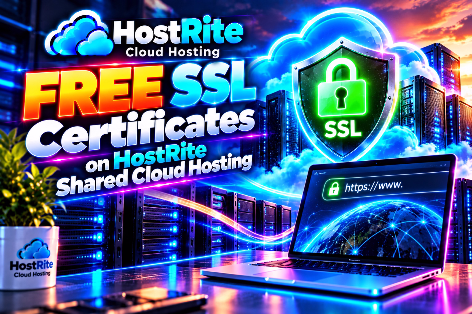 Free ssl certificates on hostrite shared cloud hosting hostrite news Promotional banner for hostrite advertising free ssl certificates with shared cloud hosting featuring a glowing shield and neon text