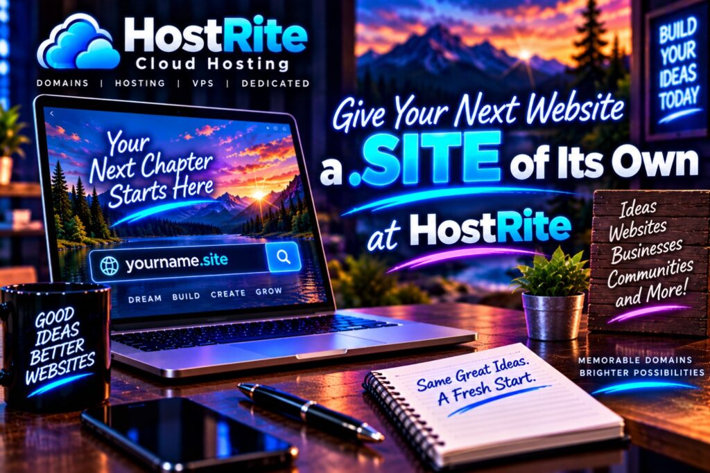 Give your next website a site of its own at hostrite hostrite news Promotional banner for hostrite cloud hosting encouraging you to get a Site domain for your next website at hostrite