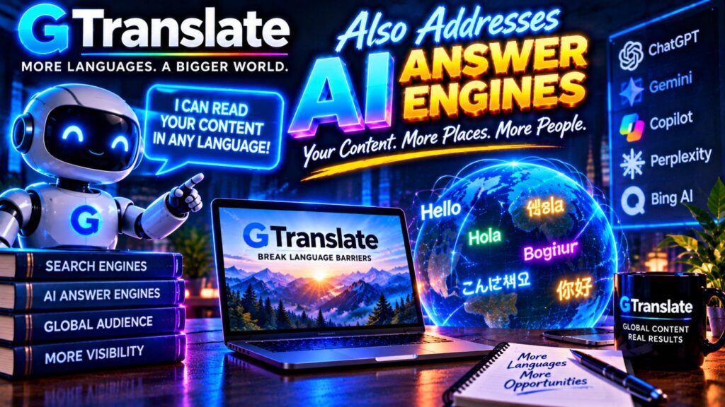 Gtranslate also addresses ai answer engines hostrite news Robot mascot points to a neon sign reading ai answer engines beside a laptop showing gtranslate and mountains at sunset with stacked books labeled search engines ai answer engines global audience more visibility