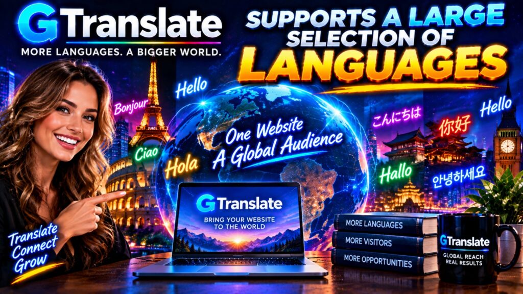 Gtranslate supports a large selection of languages hostrite news Smiling woman beside a glowing globe and laptop promoting gtranslate and language services