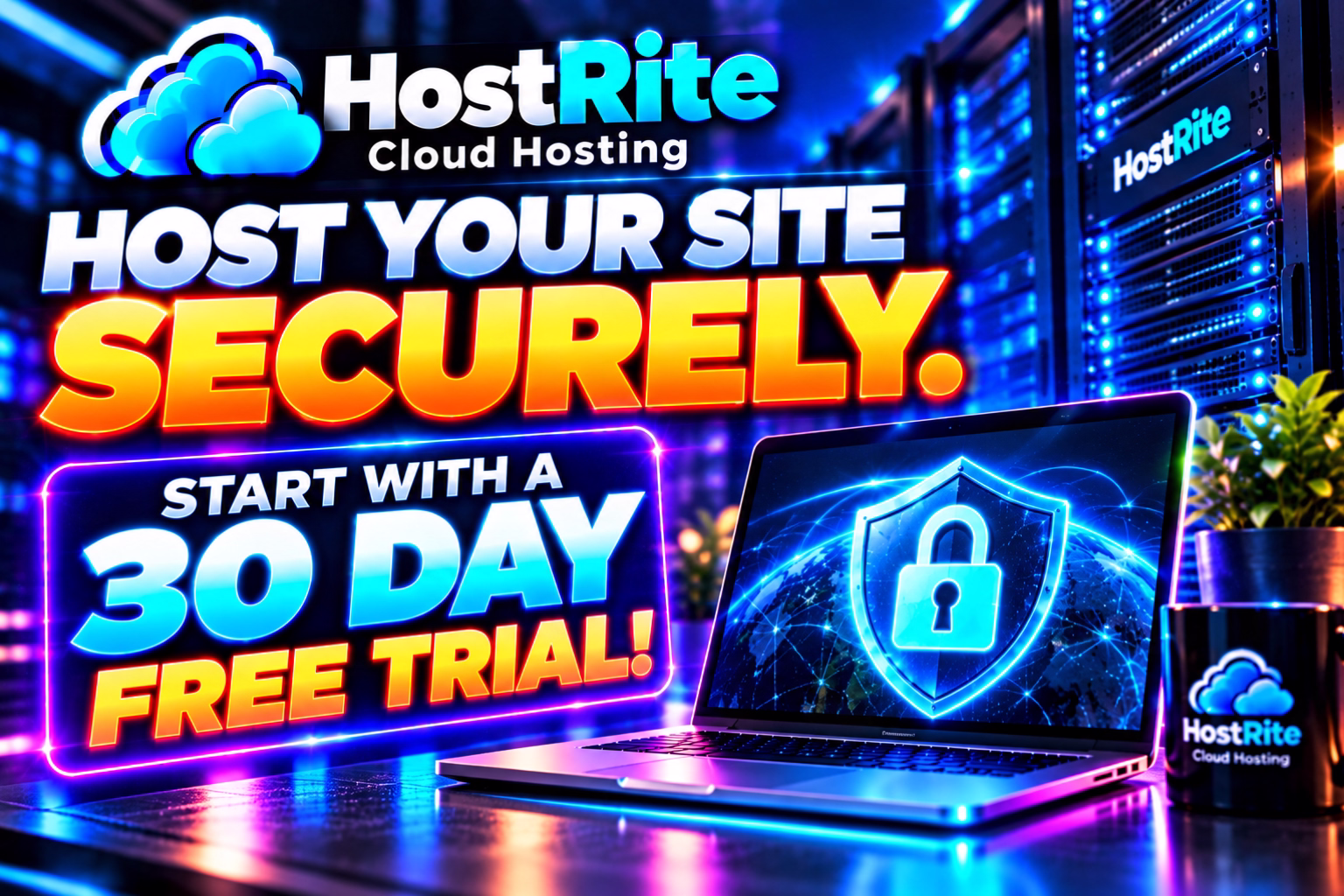 Host your site securely start with a 30 day free trial hostrite news Bright neon ad for hostrite cloud hosting host your site securely with a laptop displaying a lock and 30 day free trial text in bold neon