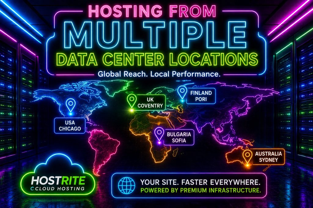 A neon style world map showing hostrite data center locations in chicago coventry pori sofia and sydney