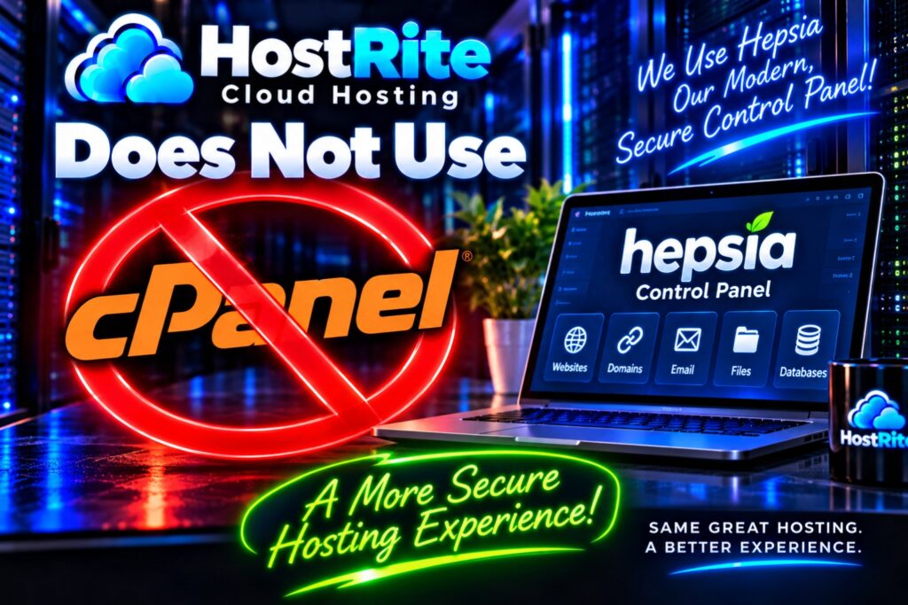 Hostrite cloud hosting does not use cpanel hostrite news Bright neon ad collage promoting hostrite cloud hosting with'Does Not Use cPanel' and Hepsia Control Panel on a laptop image.