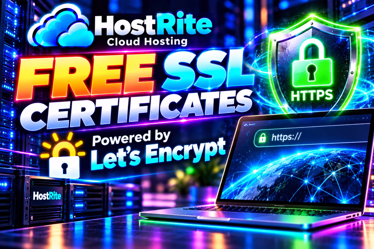Bright banner for hostrite cloud hosting advertising free ssl certificates with https shield in neon colors