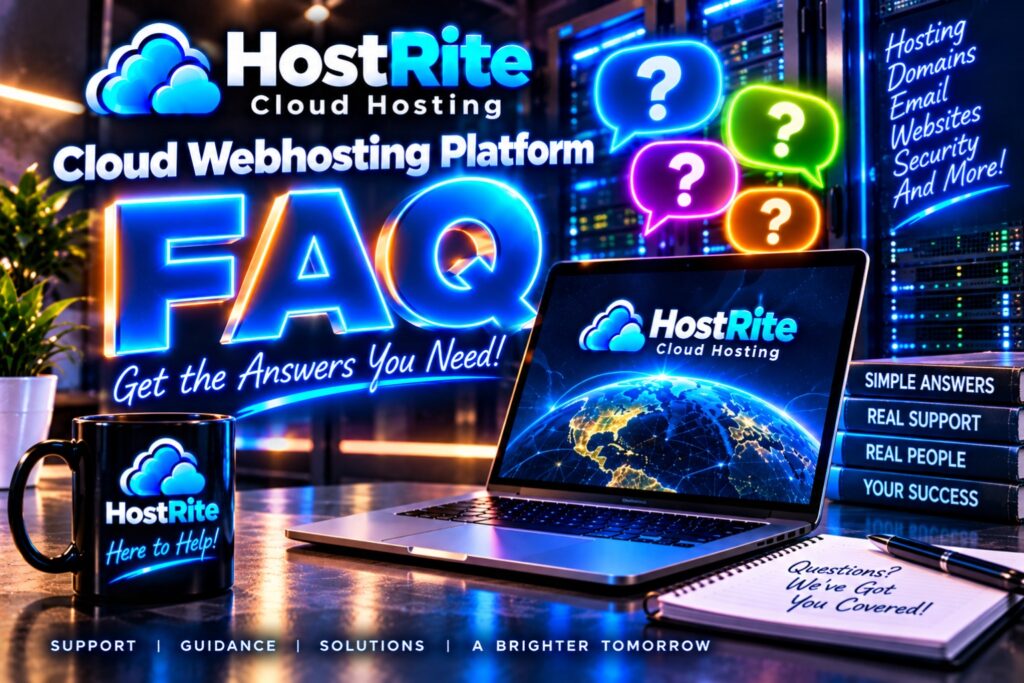 Hostrite cloud webhosting platform faq hostrite news Neon lit desk promoting hostrite cloud hosting with a large faq sign and a laptop displaying a globe