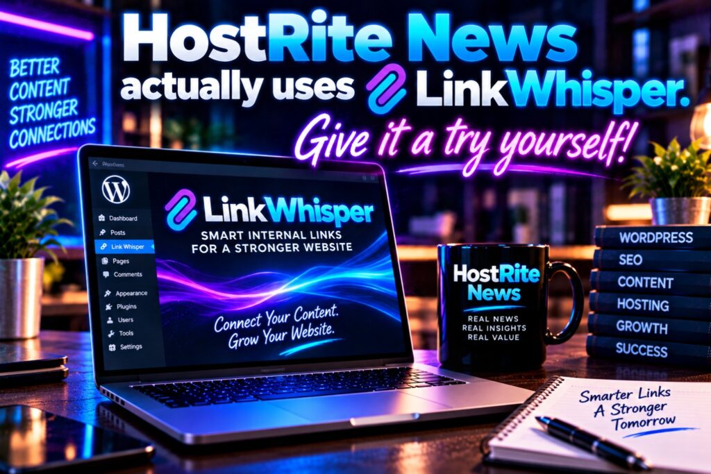 Hostrite news actually uses link whisper hostrite news Neon lit desk promoting link whisper and hostrite news with laptop mug and wordpress books