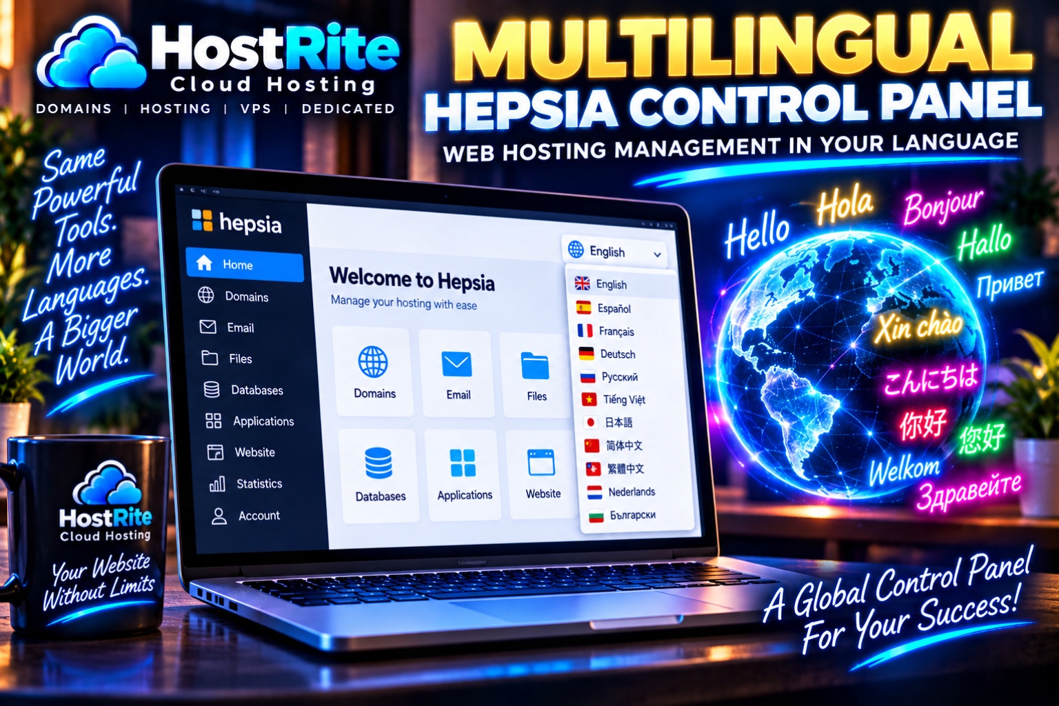 Laptop screen shows the hepsia hosting dashboard beside a neon globe graphic with multilingual greetings and a bold multilingual hepsia control panel bannerpromotional image for hostrite cloud hosting