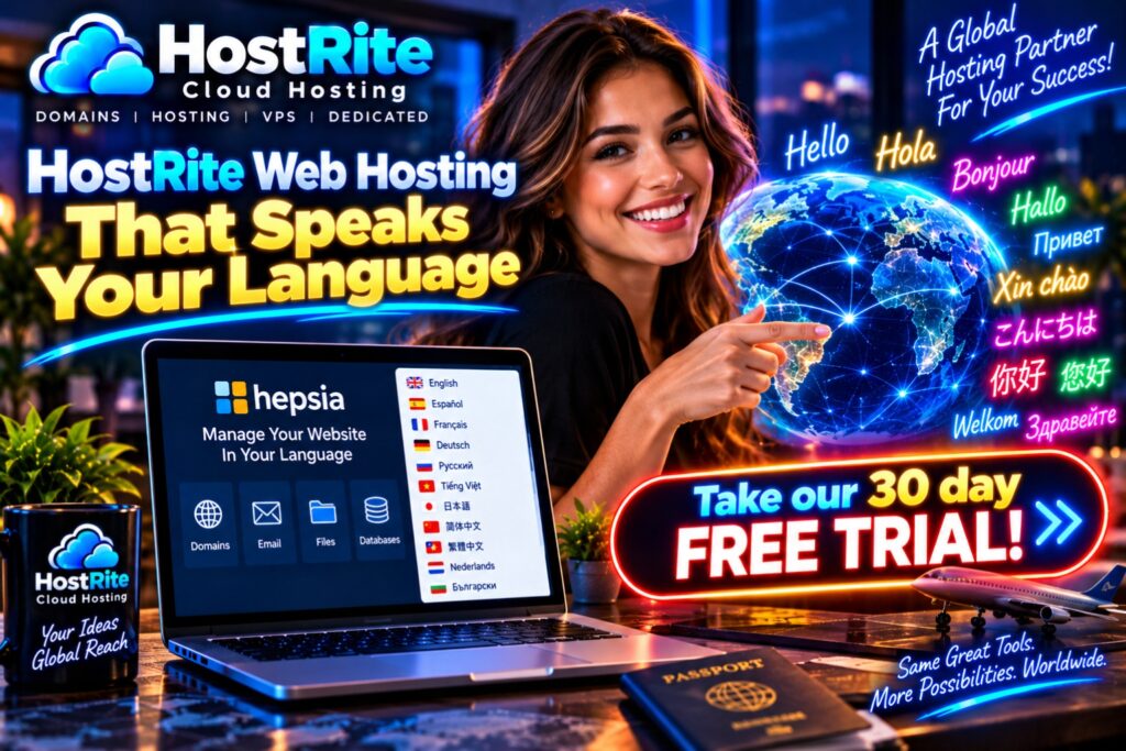 Smiling woman points at a glowing world globe laptop shows a hosting dashboard for hostrite promotion
