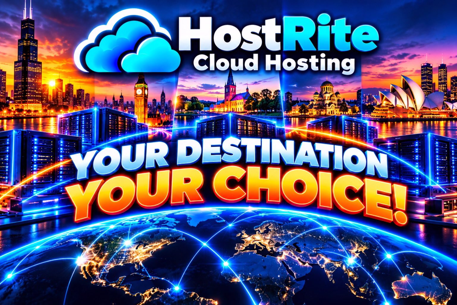 Promotional banner for hostrite cloud hosting with a glowing globe city skylines and the slogan your destination your choice