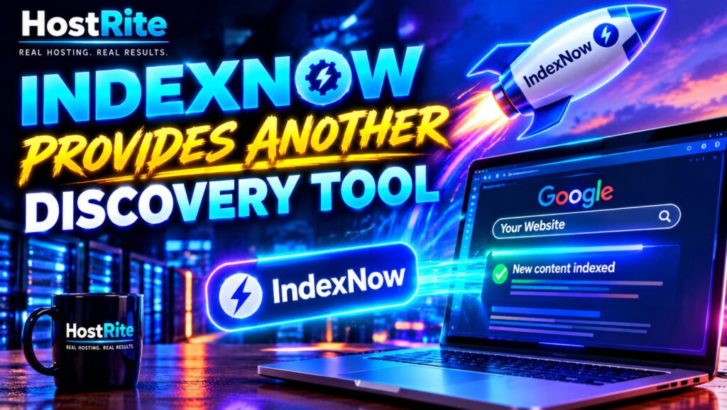 Promotional banner for hostrite about the indexnow discovery tool featuring a neon blue rocket and a laptop with a google search bar