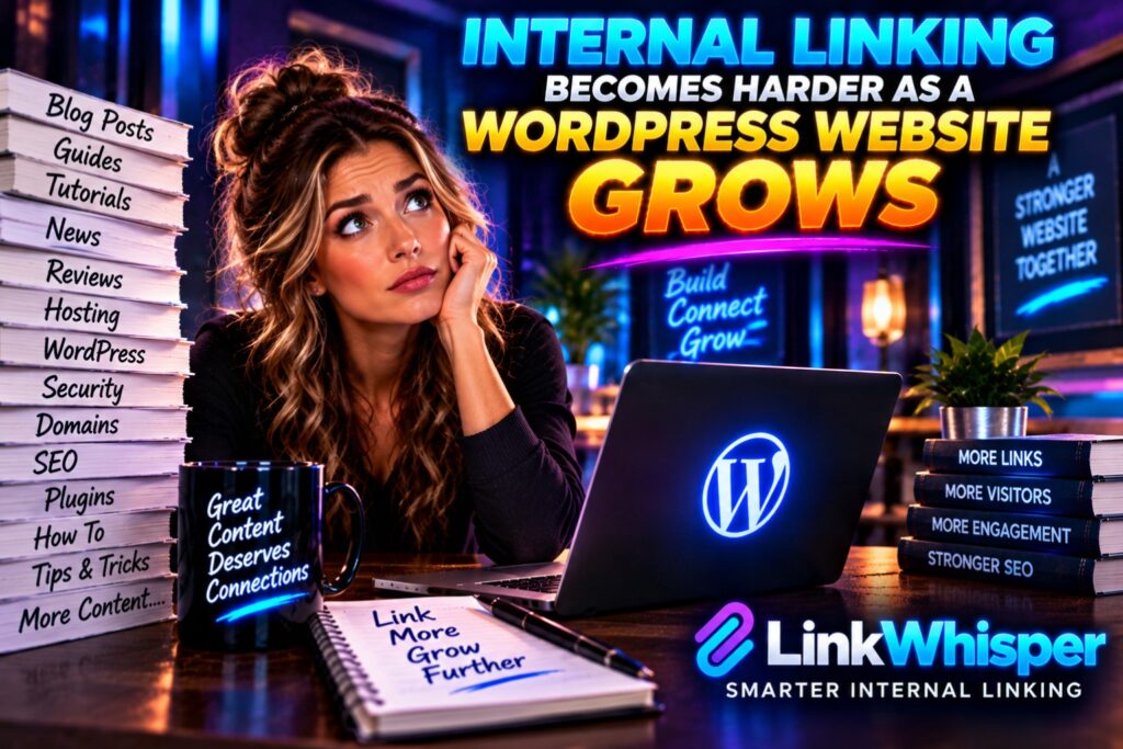 Internal linking becomes harder as a wordpress website grows hostrite news Woman at a desk with a wordpress laptop a stack of books and neon text about internal linking growth