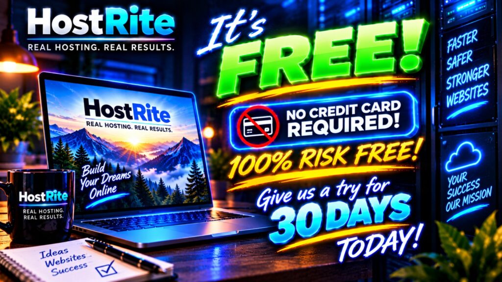 Its free no credit card 100 percent risk free hostrite news Bright neon hostrite hosting ad large green free no credit card required and 100 risk free with a laptop displaying the hostrite logo and a mountain scene