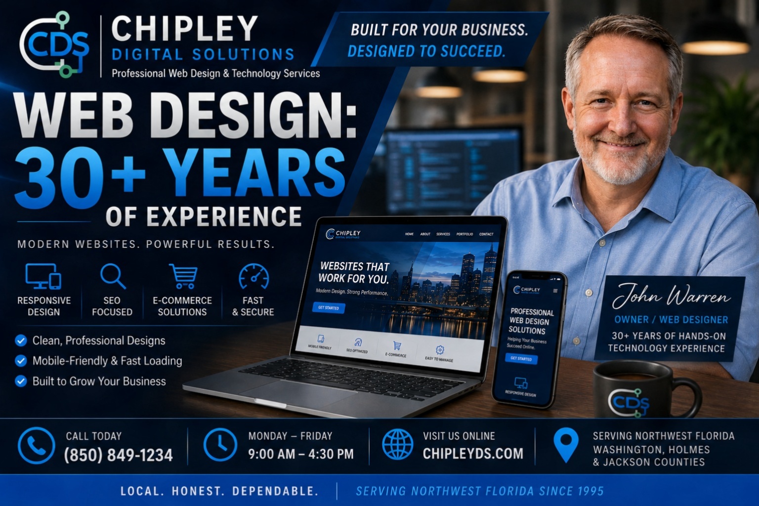 Chipley digital solutions web design services hostrite news Chipley digital solutions ad banner with a smiling man beside a laptop and phone promoting web design 30+ years of experience and contact info at the bottom of the banner