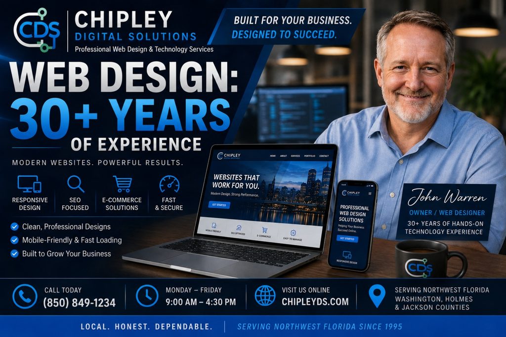 Chipley digital solutions web design services hostrite news A man sits at a desk with a laptop and smartphone displaying chipley digital solutions web design services with text highlighting 30 plus years of experience