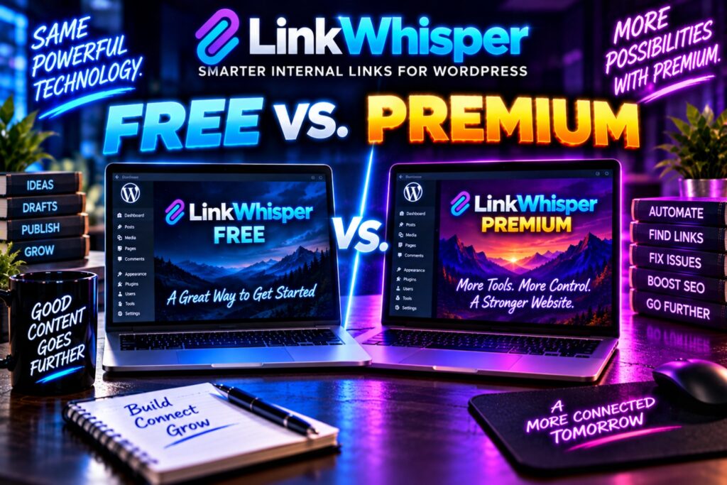 Link whisper free vs link whisper premium hostrite news Two laptops show wordpress dashboards labeled linkwhisper free and linkwhisper premium in neon text on a colorful banner