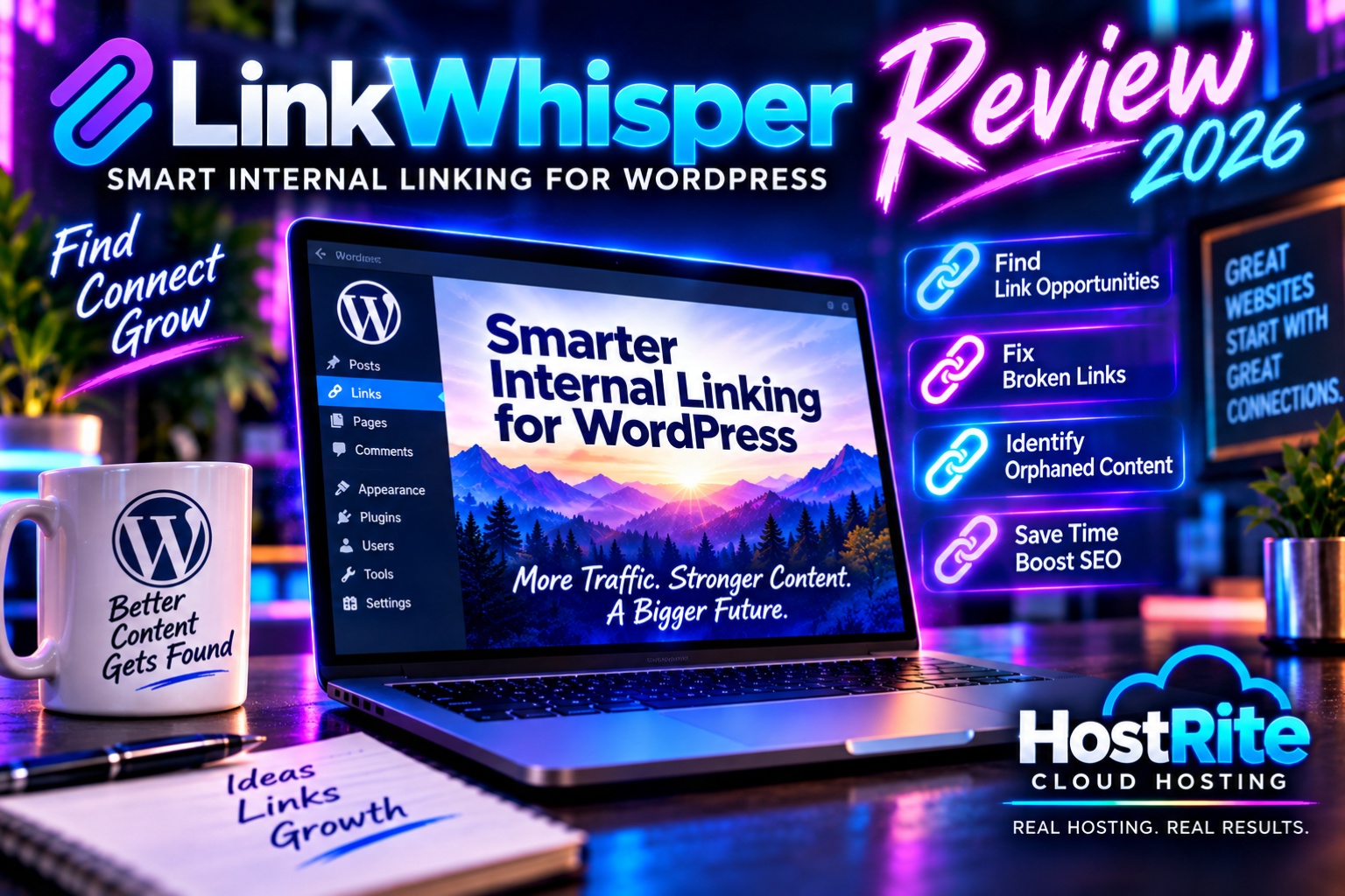 Laptop screen shows smarter internal linking for wordpress with neon marketing graphics and a list of link related benefits on the right
