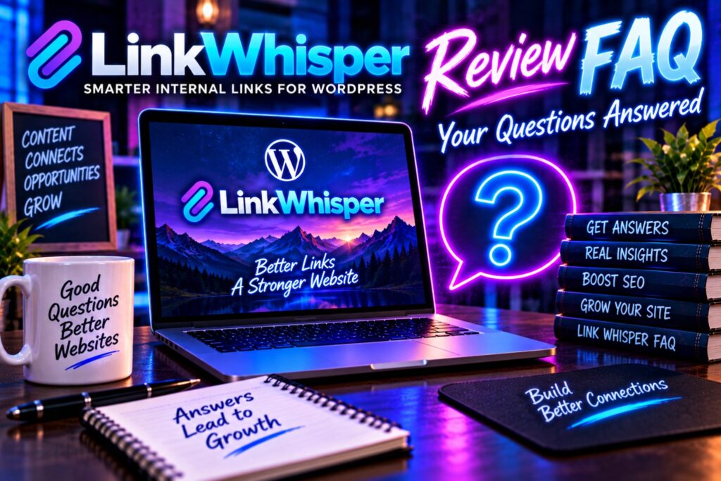 Link whisper review faq hostrite news Desk scene promoting linkwhisper with a laptop displaying the branding neon signs and seo books on the table