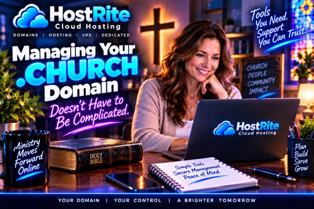 Smiling woman using a laptop at a desk with neon hostrite cloud hosting signage in the background