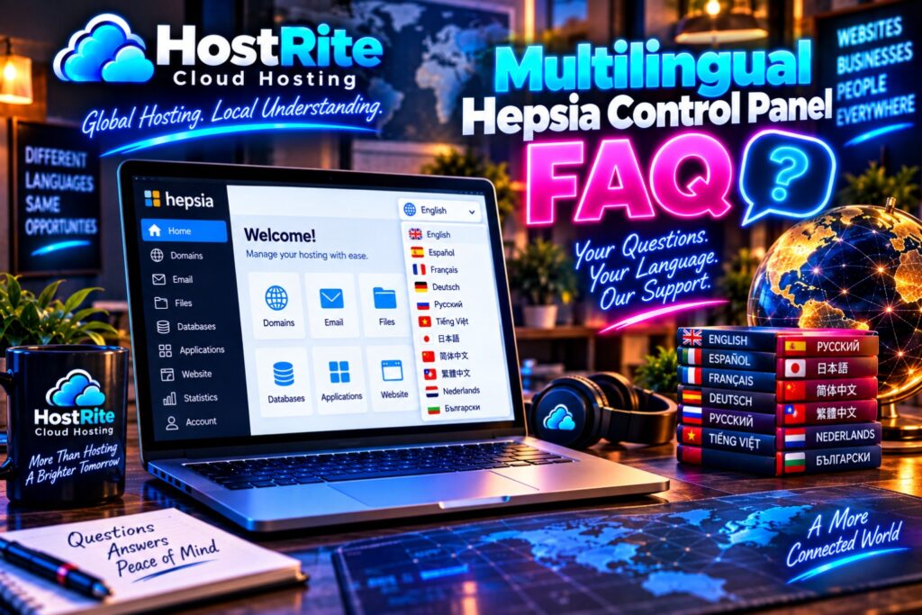Laptop showing a hosting dashboard with a multilingual language options panel and neon hostrite branding in the background