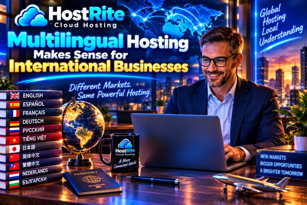 Businessman at a laptop in front of a bright hostrite multilingual hosting banner with a globe and language books on the desk