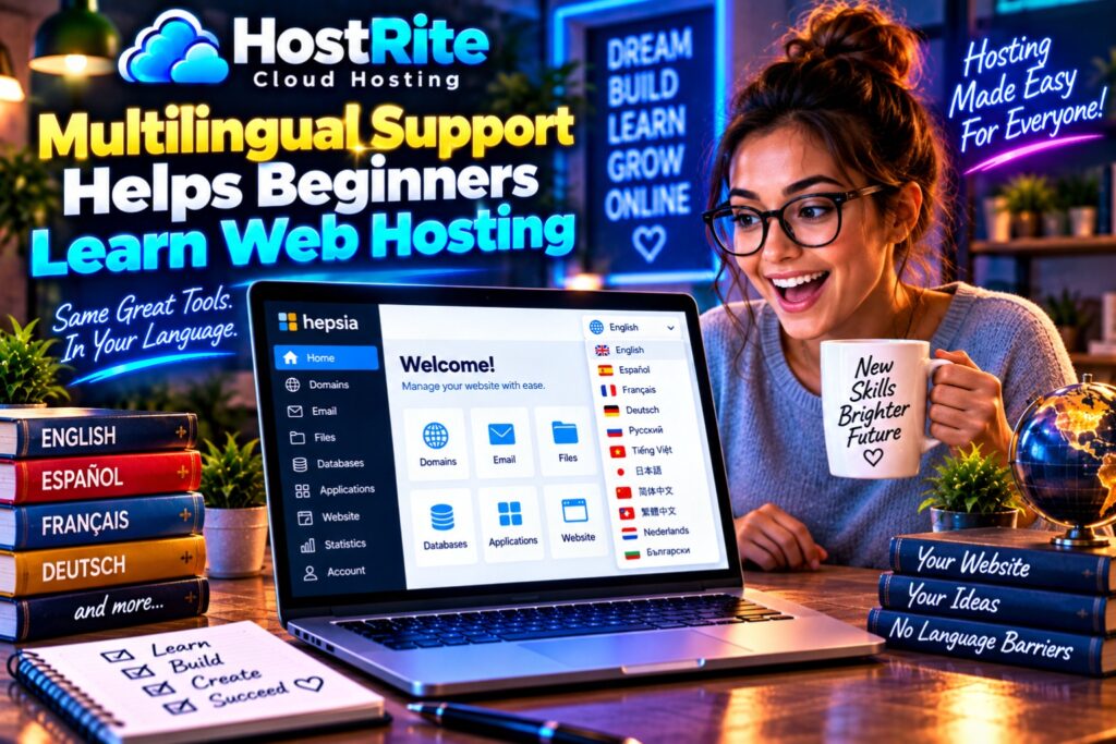 Promotional image for hostrite multilingual web hosting support with a cheerful user at a laptop showing a language menu and english spanish french deutsch books nearby