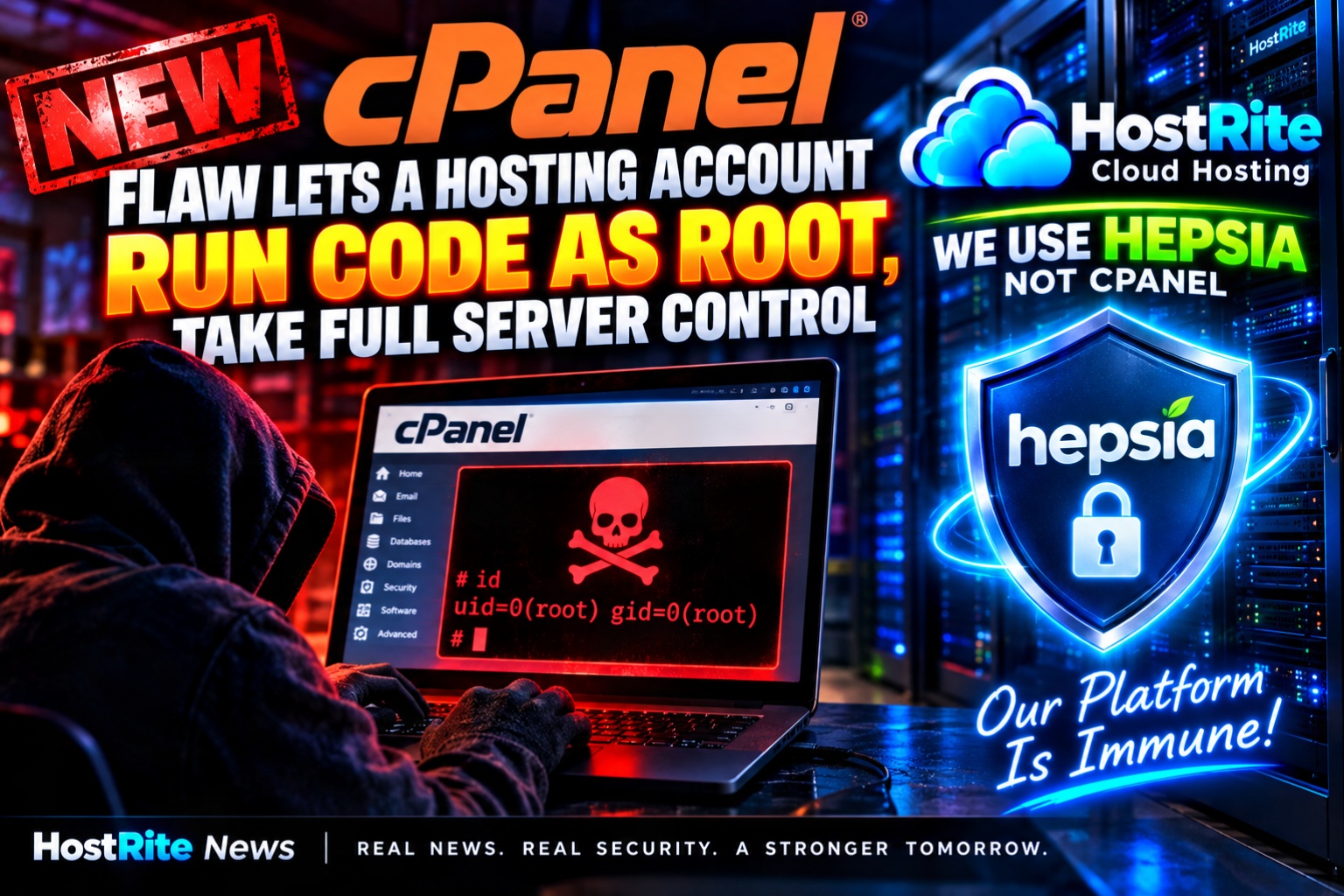 Hooded hacker at a laptop with red skull screen bold headlines tout hosting drama run code as root with cpanel hepsia and hostrite branding in the background