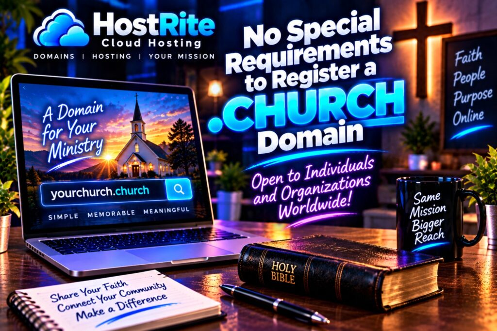 Desk setup promoting a Church domain laptop screen shows a domain for your ministry with a church image neon banner and bible mug and notebook on a wooden table