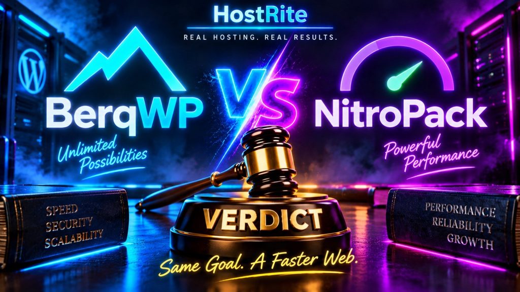 Our berqwp vs nitropack verdict hostrite news Neon showdown banner bergwp vs nitropack with a glowing gavel reading verdict and the phrase'Same Goal. A Faster Web.'