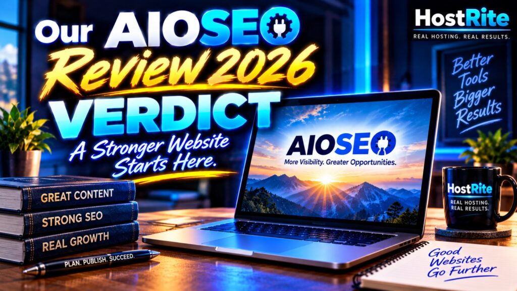 Desk scene promoting aiseo review 2016 with a laptop displaying a sunrise image and the aioseo banner and verdict text on screen