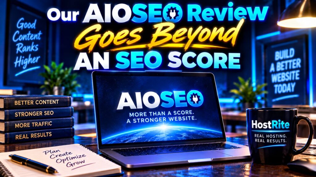 Desk with a laptop showing the aioseo logo neon signs behind read'Our AIOSEO Review Goes Beyond an SEO Score'.