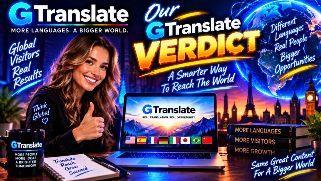 Our gtranslate verdict hostrite news Promotional banner for gtranslate showing a smiling woman giving a thumbs up a laptop displaying the gtranslate logo and bold neon text about global languages and growth