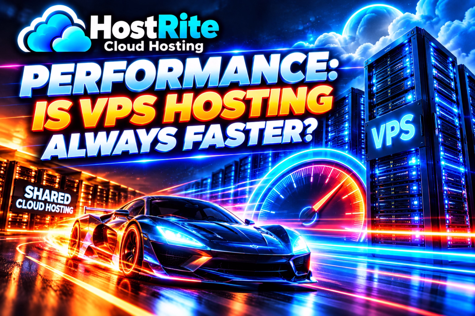 Promotional banner for hostrite cloud hosting with a neon race car and speedometer headline'PERFORMANCE: IS VPS HOSTING ALWAYS FASTER?'