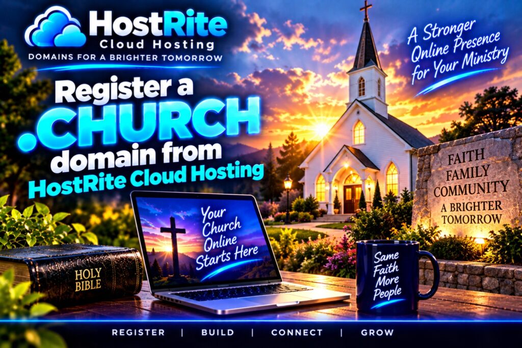 Hostrite cloud hosting banner register a church domain with church and laptop preview at sunset