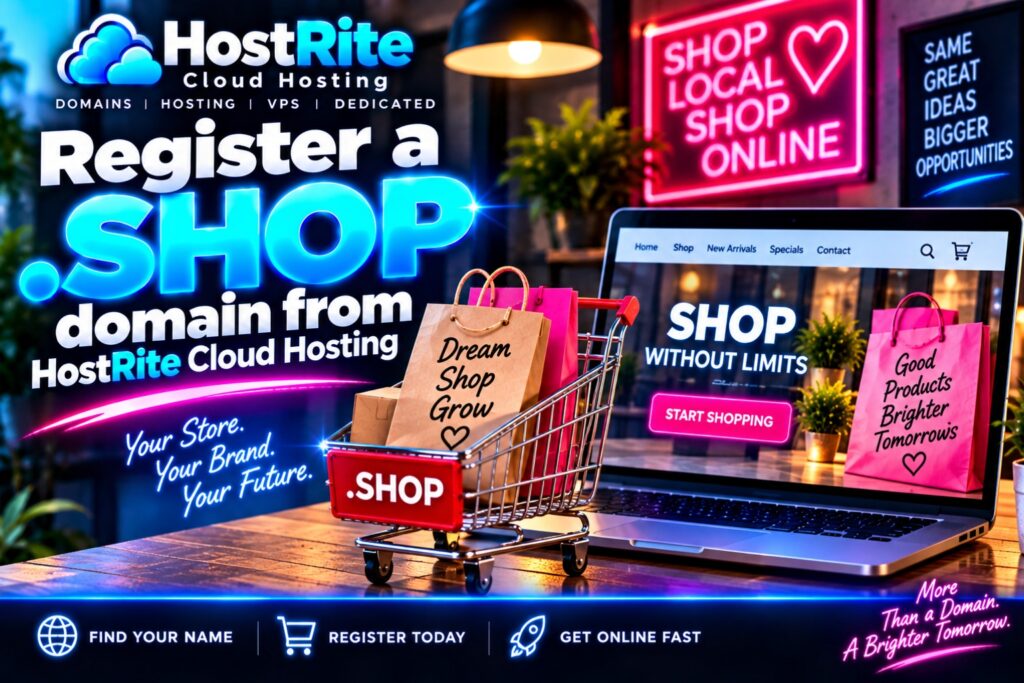Register a shop domain from hostrite cloud hosting hostrite news Bright storefront banner for hostrite cloud hosting with a large blue'SHOP' and a shopping cart filled with bags next to a laptop displaying a shopping site.