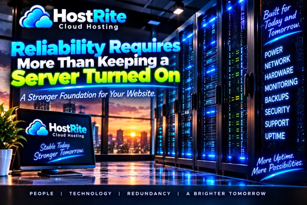 Reliability requires more than keeping a server turned on hostrite news Hostrite cloud hosting reliability message over a row of glowing server racks at dusk server room poster