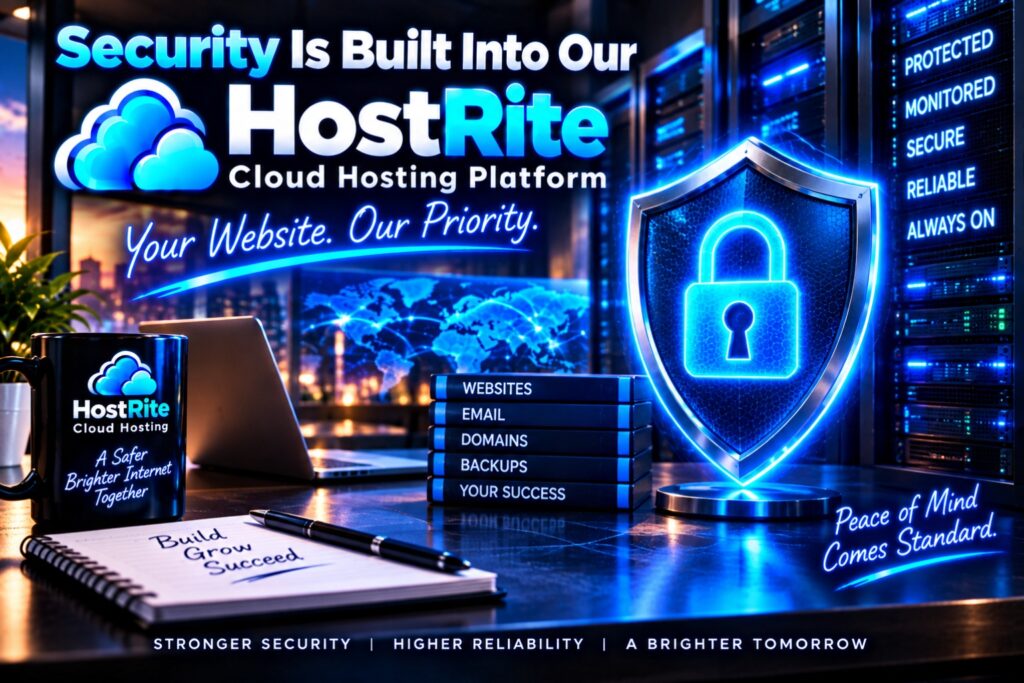 Security is built into our hostrite cloud hosting platform hostrite news Promotional hostrite cloud hosting banner security is built into our hostrite cloud hosting platform with a glowing blue shield cloud logo and server background visuals