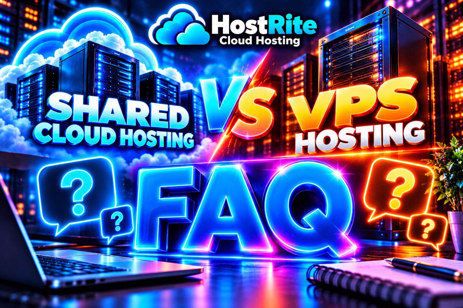 Bright neon banner comparing shared cloud hosting vs vps hosting with glowing faq letters and hostrite cloud hosting logo in the background