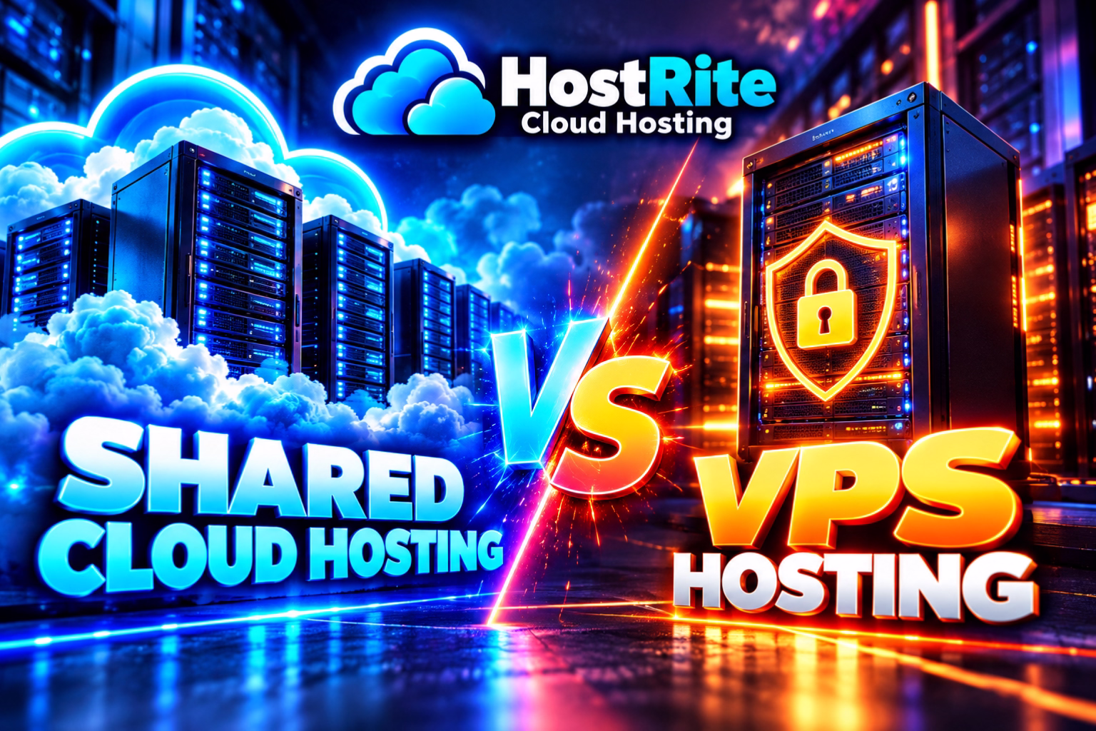 Graphic comparing hosting options shared cloud hosting vs vps hosting with the hostrite cloud hosting logo in neon on a server filled background