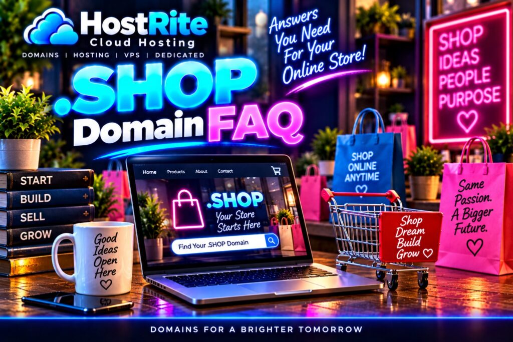 Shop domain faq hostrite news Bright neon marketing scene for hostrite Shop domains laptop screen shows an online store search and Shop branding