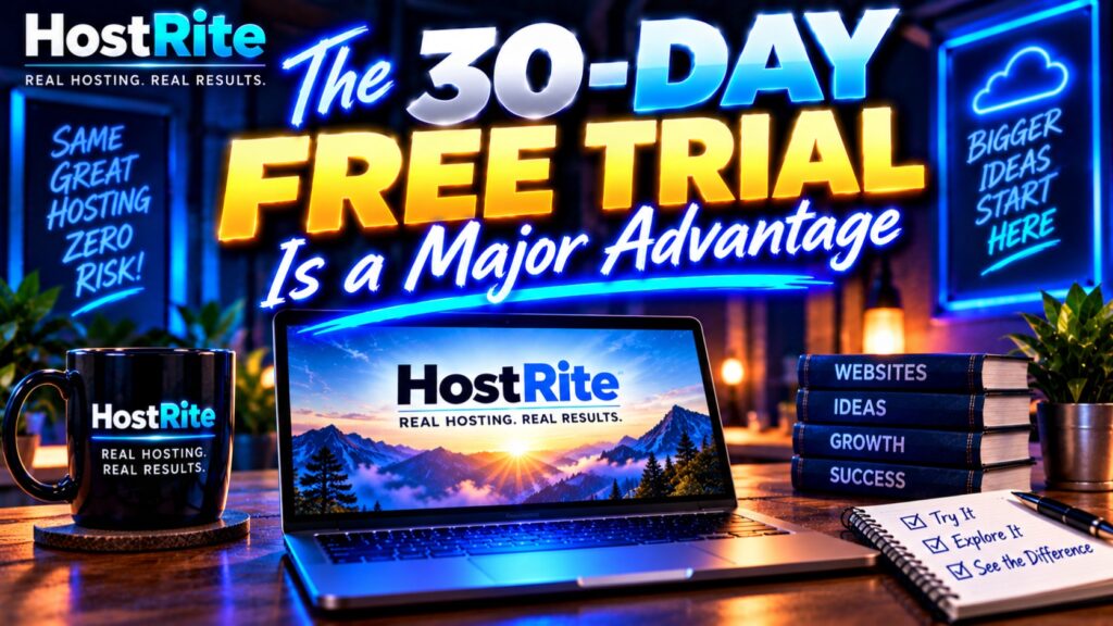 The 30day free trial is a major advantage hostrite news Promotional hero for hostrite neon style banner text about a 30 day free trial with a laptop displaying hostrite branding nearby