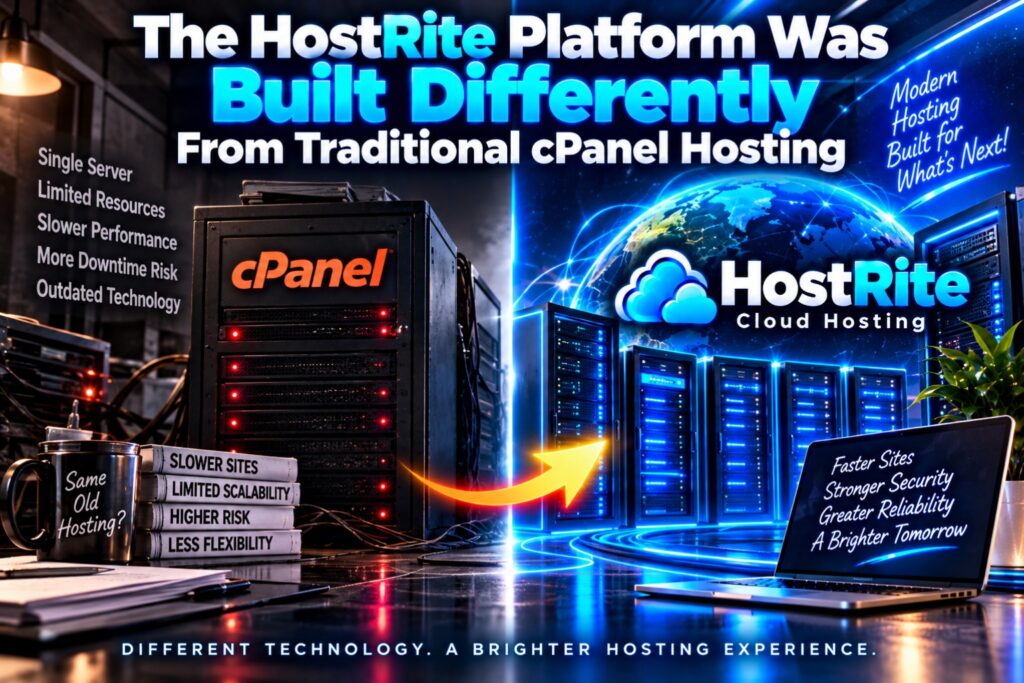 The hostrite platform was built differently from traditional cpanel hosting hostrite news Promotional scene for hostrite cloud hosting with a cpanel server rack beside a blue neon banner and a glowing globe