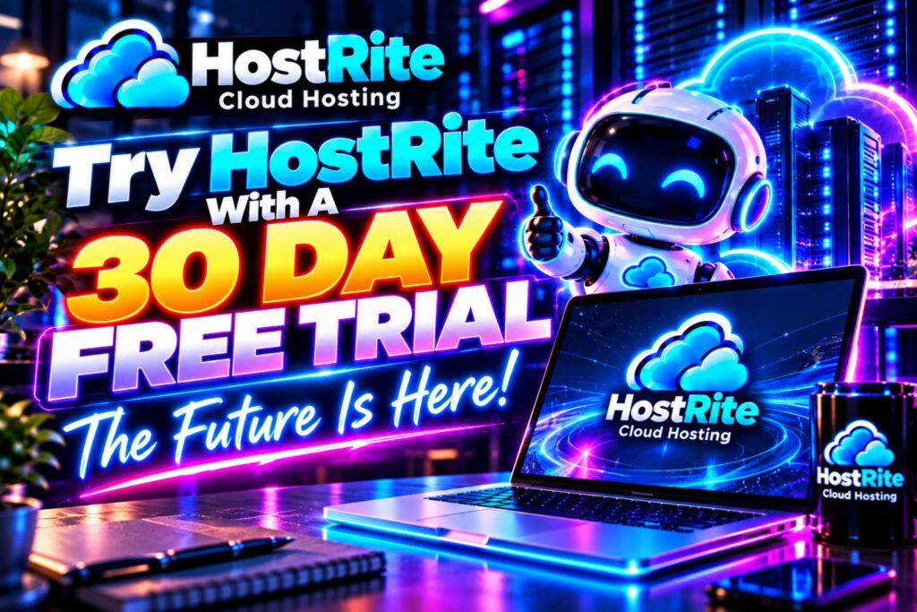 Try hostrite with a 30 day free trial the future is here hostrite news Neon advertisement for hostrite cloud hosting'30 DAY FREE TRIAL' with a cheerful robot and a laptop displaying the logo.